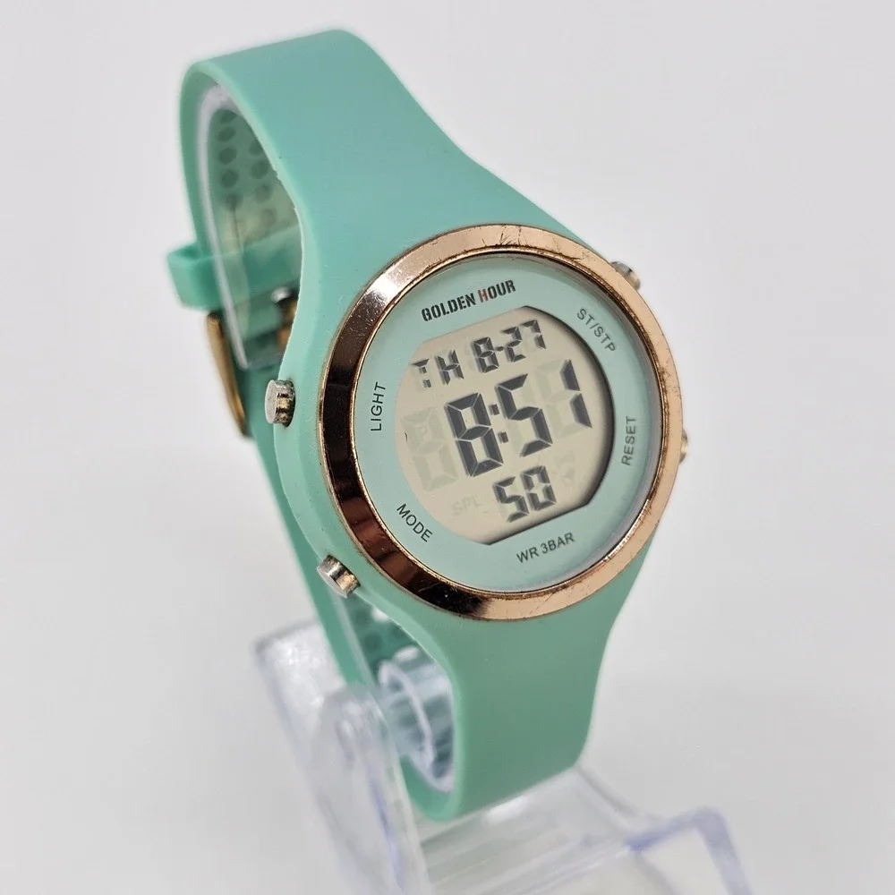 Women's Digital Sport Watch 38MM Light Green Plastic Bands NEW Battery